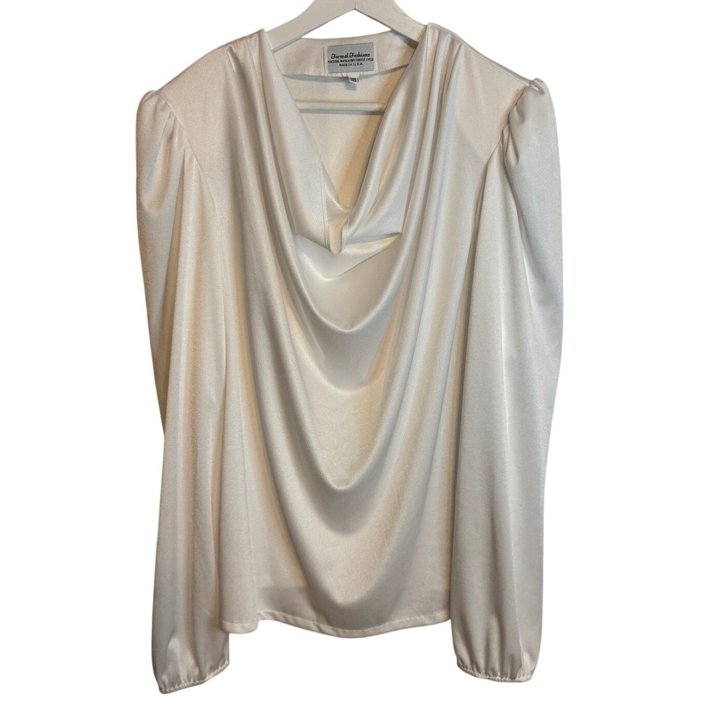 Formal Fashions Blouse Cowl Neck 18 Ivory Womens Vintage Satin Puff Sleeve Top‎
